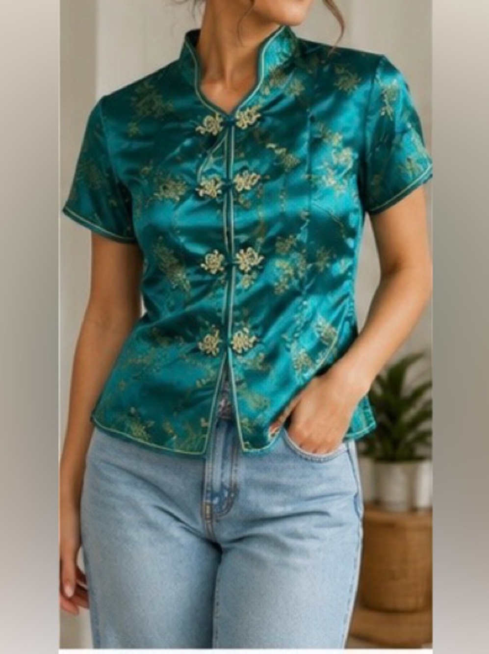 Jade Teal Satin Brocade Mandarin Collar Chinese Style Top Size 38